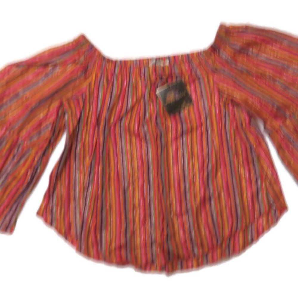 Amaryllis Womens Blouse Red Pink Striped Bell Sleeve Off Shoulder Top Large NWT